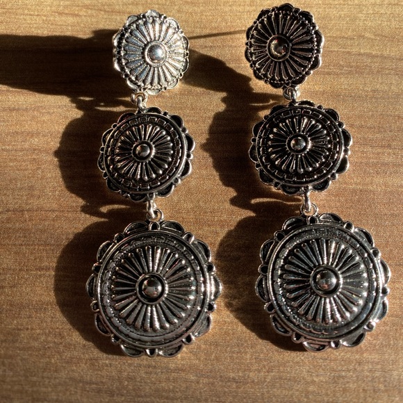 Silver Medallion Flower Drop Earrings - Picture 2 of 6